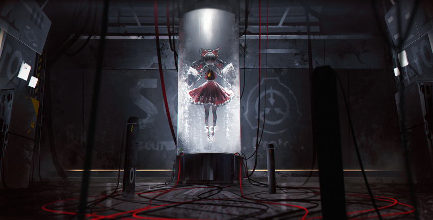 1girl absurdres ascot bow brown_hair cable detached_sleeves encasement geralt7 glowing glowing_eyes hair_bow hair_tubes hakurei_reimu highres in_container indoors liquid looking_at_viewer machinery red_bow red_eyes red_shirt red_skirt scp_foundation shirt sidelocks skirt solo stasis_tank submerged touhou tube white_sleeves wide_sleeves yellow_ascot