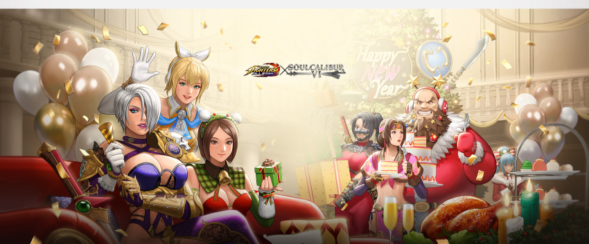 1boy 6+girls antlers armor black_hair bodysuit breasts cassandra_alexandra chang_koehan christmas christmas_ornaments christmas_tree dress fighting_game fur-trimmed_dress fur_trim gauntlets gift glaive_(polearm) gloves highres isabella_valentine large_breasts leona_heidern merry_christmas multiple_girls namco ninja official_art purple_lips red_bodysuit red_gloves reindeer_antlers revealing_clothes sack santa_costume santa_gloves seong_mi-na short_hair short_sword shoulder_armor single_gauntlet skin_tight snk soulcalibur soulcalibur_vi sword taki_(soulcalibur) the_king_of_fighters the_king_of_fighters_all-stars weapon whip whip_(kof) whip_sword white_hair