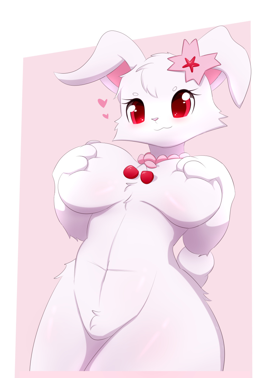 absurd_res anthro blush breasts featureless_crotch female hand_on_breast hi_res jewelpet looking_at_viewer pilu_(artist) red_eyes ruby_(jewelpet) sanrio solo thick_thighs white_body