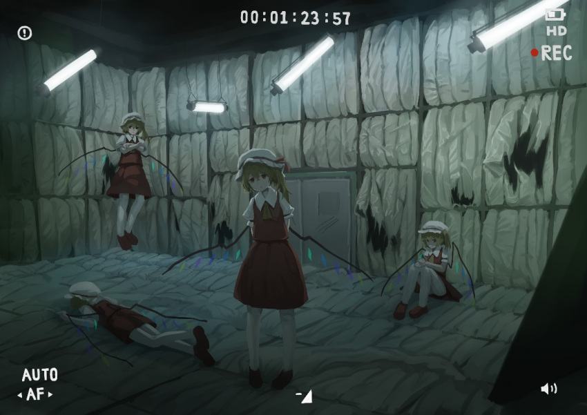 4girls battery_indicator blonde_hair chinese_commentary commentary crossed_arms crystal damaged expressionless flandre_scarlet floating fluorescent_lamp four_of_a_kind_(touhou) hands_on_own_knees hat hat_ribbon indoors looking_at_viewer lying medium_hair mob_cap multiple_girls on_floor on_stomach padded_walls recording red_eyes red_footwear red_skirt red_vest ribbon scratches shirt shoes short_sleeves sitting skirt standing timestamp torn touhou vest viewfinder white_headwear wings xii_yashizhongzhan
