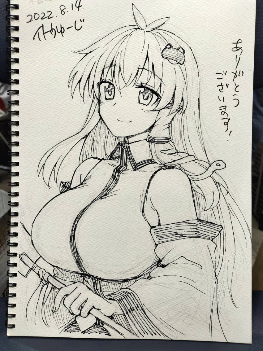 1girl antenna_hair breasts closed_mouth collared_shirt dated detached_sleeves frog_hair_ornament hair_ornament highres holding itou_yuuji kochiya_sanae large_breasts long_hair long_sleeves looking_at_viewer nib_pen_(medium) photo_(medium) shirt signature smile snake_hair_ornament solo touhou traditional_media upper_body wing_collar