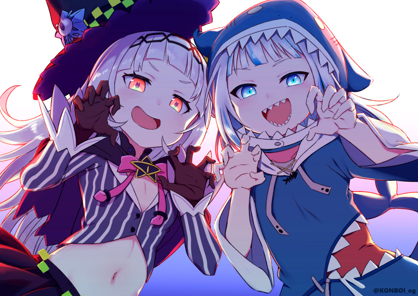 2girls :d blue_eyes blue_hoodie brown_gloves flat_chest gawr_gura gloves grey_hair hands_up highres hololive hololive_english hood hood_down hood_up hoodie konboi-eg long_sleeves looking_at_viewer midriff multiple_girls murasaki_shion navel open_mouth orange_eyes sharp_teeth simple_background smile teeth white_background wide_sleeves