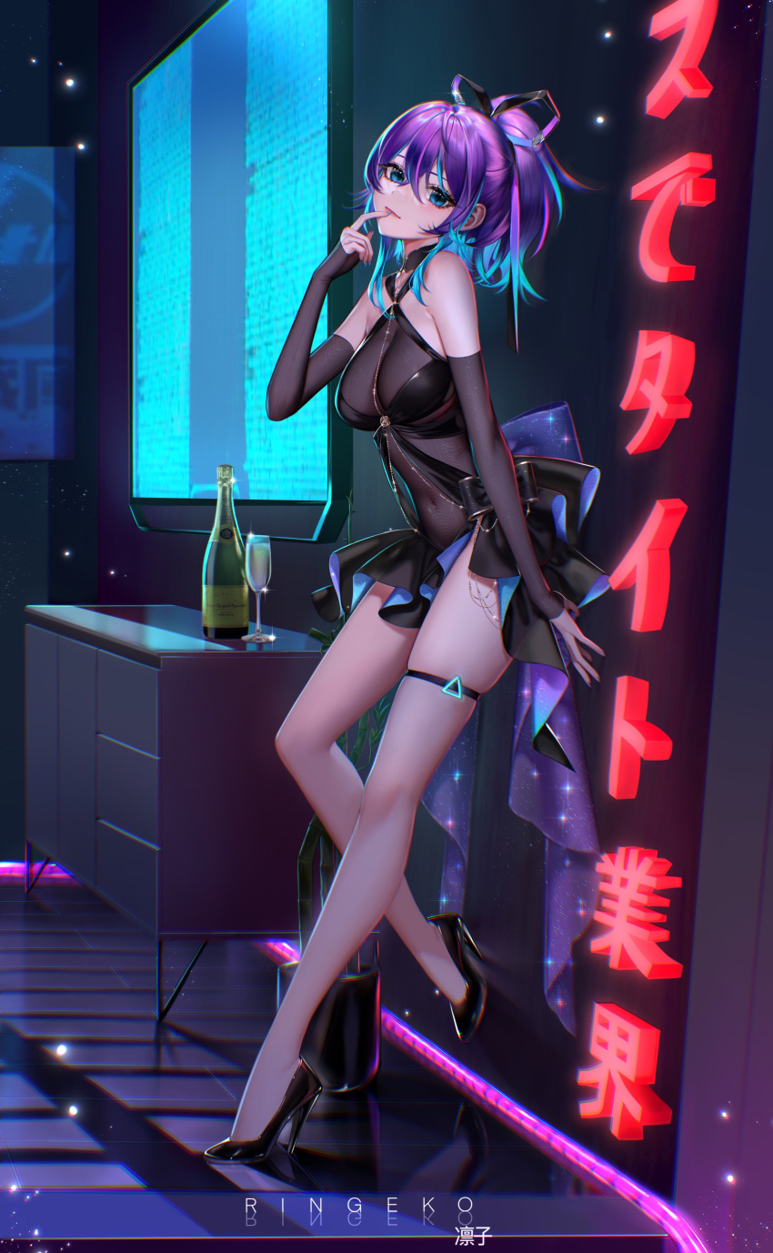 1girl absurdres against_wall artist_name bangs bare_legs black_dress black_footwear blue_eyes blue_hair blue_nails bottle breasts chromatic_aberration covered_navel cup detached_sleeves dress drinking_glass finger_to_mouth full_body hair_between_eyes highres indoors large_breasts leotard long_sleeves looking_at_viewer melody_(projektmelody) multicolored_hair ponytail projektmelody purple_hair ringeko-chan see-through see-through_leotard sleeves_past_wrists solo standing thigh_strap translation_request two-tone_hair virtual_youtuber vshojo