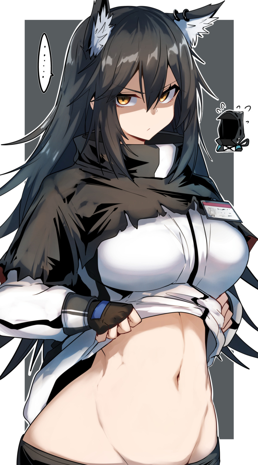 1girl 1other animal_ear_fluff animal_ears arknights black_capelet black_coat black_hair capelet clothes_lift coat croissant_(arknights) doctor_(arknights) earrings fingerless_gloves gin_moku gloves highres hood hood_up hooded_coat id_card jewelry lifted_by_self long_hair midriff navel shirt_lift texas_(arknights) upper_body wolf_ears wolf_girl