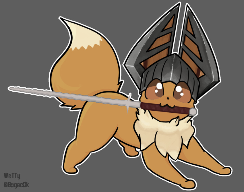 4_toes :3 ambiguous_gender anthro armor blade brown_body brown_fur canid canine canis clothing digital_media_(artwork) domestic_dog eevee feet flamberge fluffy fur generation_1_pokemon grey_background hat headgear headwear helmet holding_object holding_weapon looking_at_viewer mammal melee_weapon nintendo paws pokemon pokemon_(species) portrait shaded simple_background smile smiling_at_viewer solo solo_focus sword sword_in_mouth toes video_games visor visor_cap visor_helmet weapon wotty zweihander