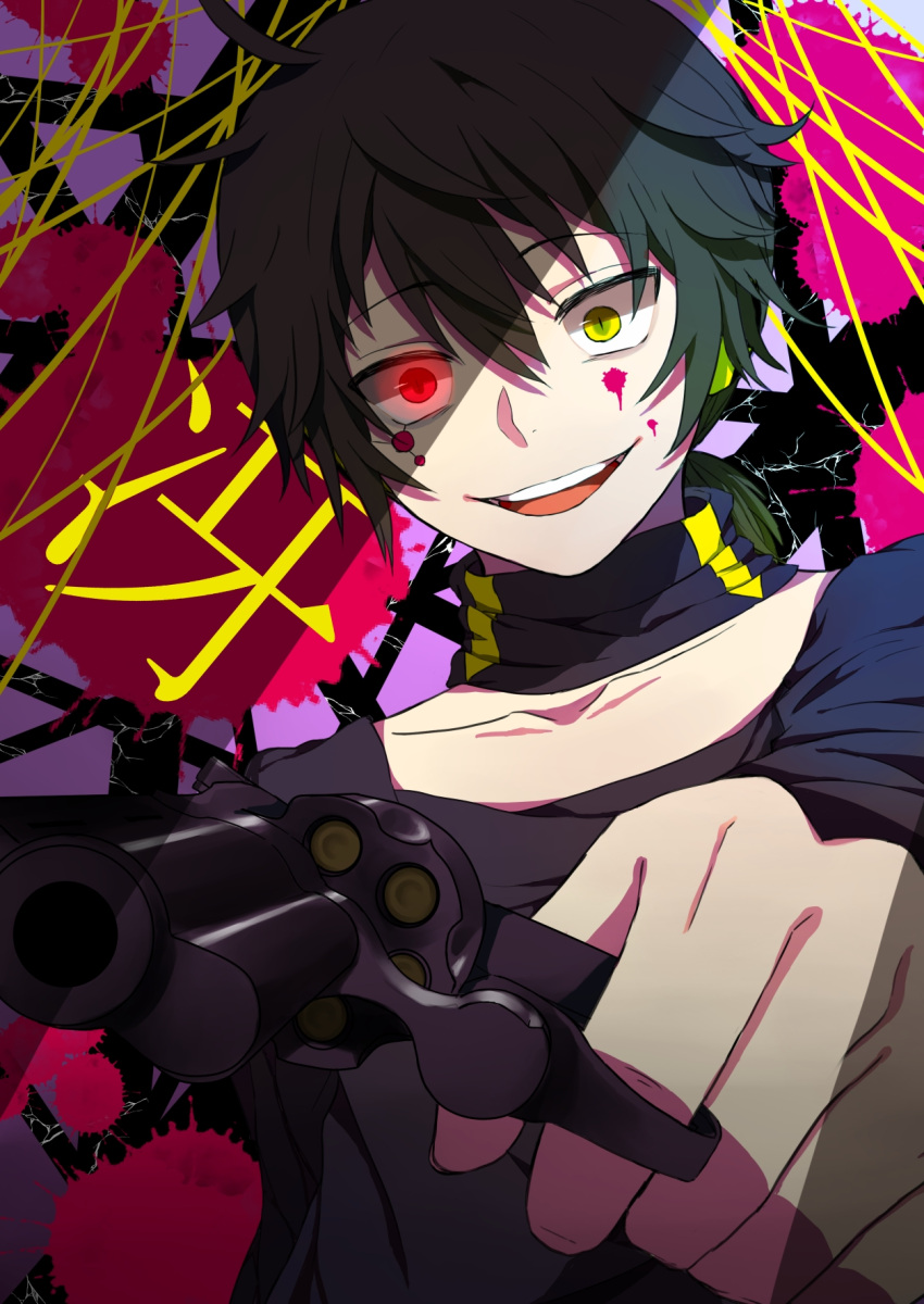 1boy bangs black_hair clenched_teeth collarbone dark_konoha evil_grin evil_smile grey_shirt grin gun gun_pointing_at_viewer hair_between_eyes handgun heterochromia highres holding holding_gun holding_weapon kagerou_project kiina_(mrnsor) konoha_(kagerou_project) long_sleeves looking_at_viewer mekakucity_actors multicolored_background open_mouth outer_science_(vocaloid) pointing_gun red_eyes revolver shirt short_hair smile solo splatter splatter_background teeth upper_body weapon wide-eyed yellow_eyes