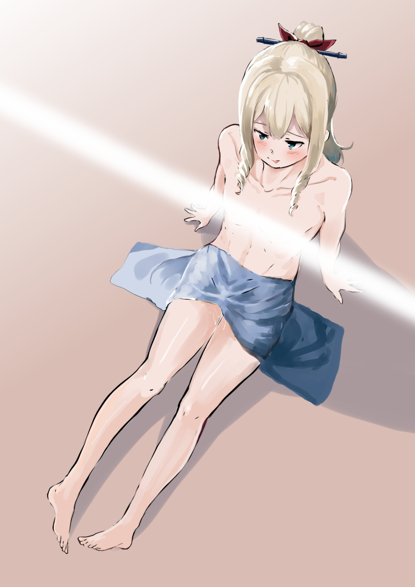 1boy :p abs absurdres bangs blonde_hair blush bow bulge censored collarbone commentary_request doushi_tatsu_to_dekkai_no full_body genderswap genderswap_(ftm) green_eyes hair_between_eyes hair_bow hair_ornament hatakaze_(kancolle) highres kantai_collection legs light_censor long_hair navel nude otoko_no_ko pointless_censoring sitting smile solo stomach suggestive_fluid thighs tongue tongue_out towel