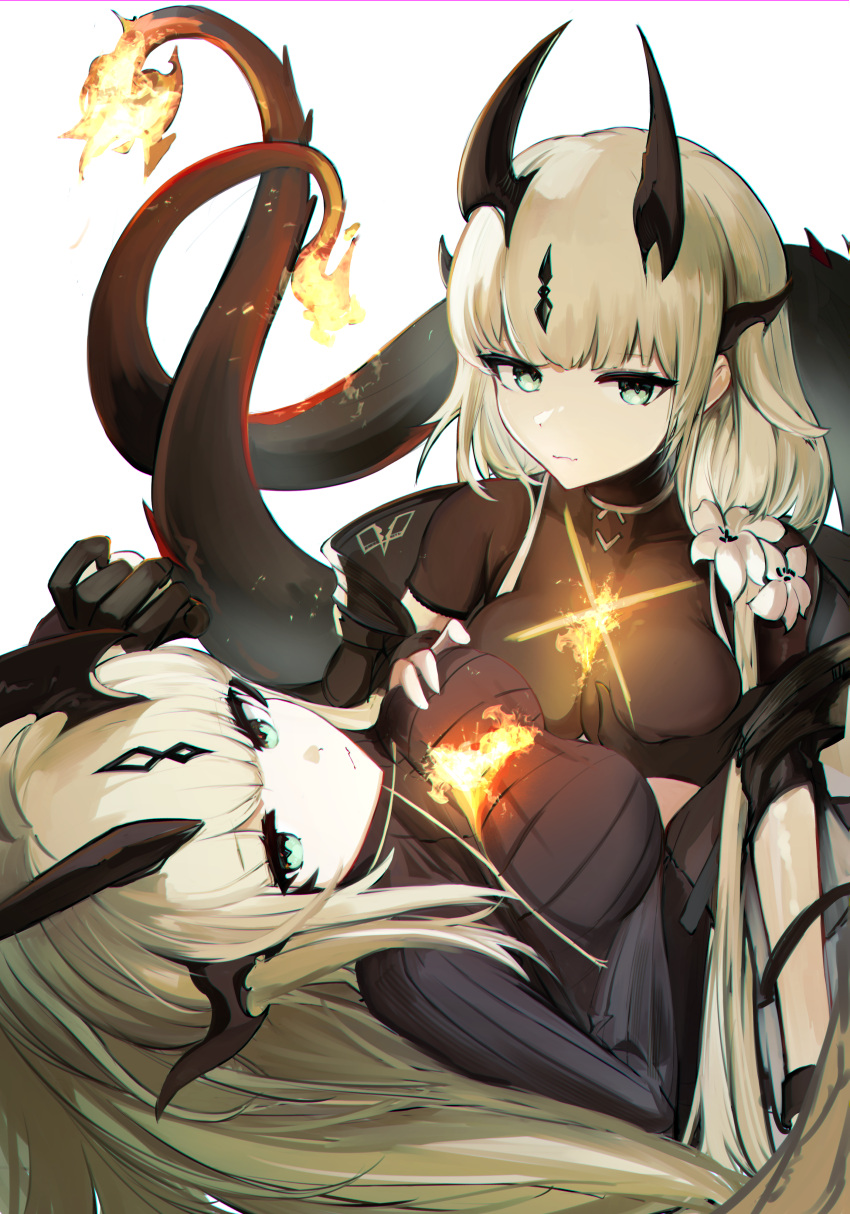 2girls absurdres arknights black_gloves black_sweater blonde_hair breast_grab breasts dragon_girl dragon_horns dual_persona flower gloves grabbing green_eyes hair_flower hair_ornament highres horns intertwined_tails large_breasts long_hair mizuhashi_parusui multiple_girls reed_(arknights) ribbed_sweater selfcest simple_background sweater very_long_hair white_background white_flower