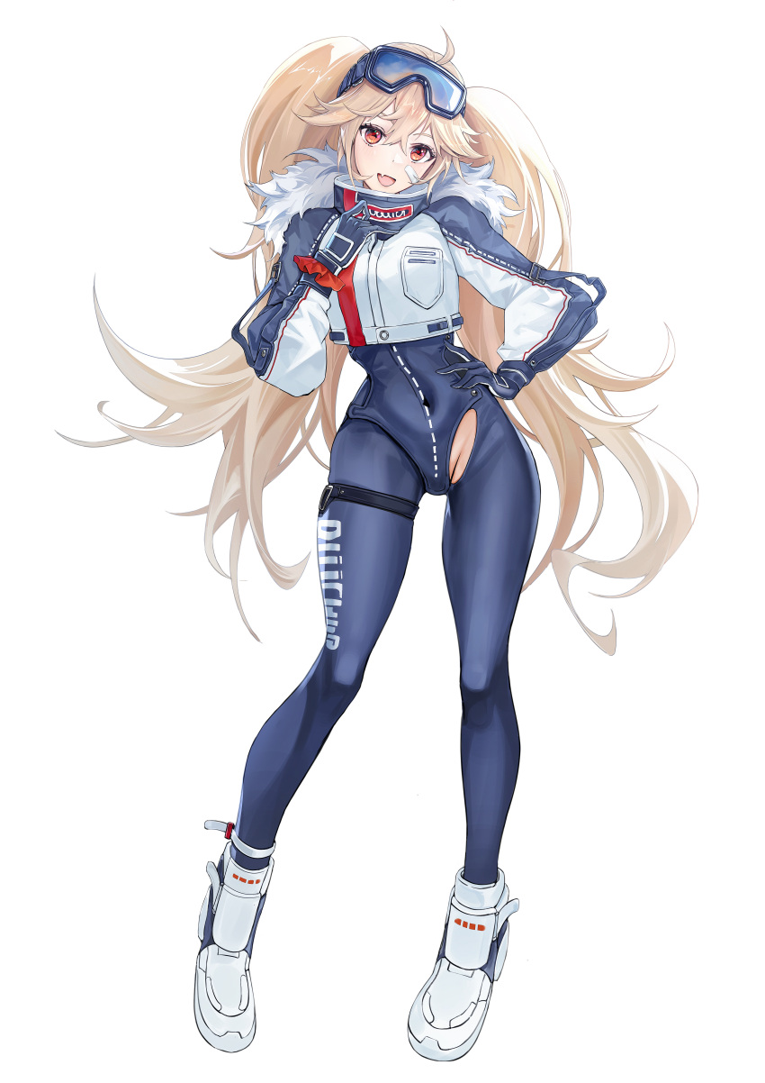1girl absurdres ahoge azur_lane black_gloves blonde_hair bluecher_(azur_lane) bluecher_(high-altitude_head_over_heels)_(azur_lane) bodysuit cropped_jacket full_body gloves goggles goggles_on_head highres jacket long_hair long_sleeves looking_at_viewer multicolored_clothes multicolored_jacket official_alternate_costume open_mouth red_eyes shoes simple_background smile sneakers solo twintails two-tone_jacket white_background zuihou_de_miao_pa_si