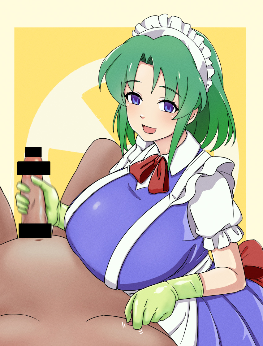 1boy 1girl :d absurdres apron bar_censor big_mouse blue_eyes border breasts censored clothed_female_nude_male gloved_handjob gloves green_gloves green_hair handjob highres huge_breasts looking_at_viewer maid maid_headdress nipple_tweak nude open_mouth penis pov rubber_gloves ruukoto short_hair short_sleeves smile touhou touhou_(pc-98) waist_apron white_border yellow_background