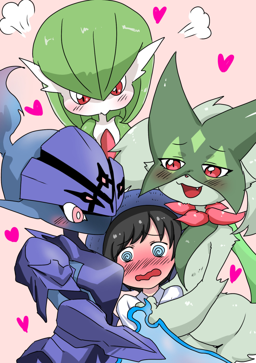 &lt;3 ambiguous_gender ambiguous_on_human anthro blush blush_lines breasts ceruledge digital_drawing_(artwork) digital_media_(artwork) embrace fairy felid feline female female_on_human flustered gardevoir generation_3_pokemon generation_9_pokemon ghost group happy hi_res hug human human_on_anthro human_on_humanoid humanoid interspecies jealous larger_ambiguous larger_anthro larger_female larger_humanoid looking_at_another male male/ambiguous male/female male_on_anthro male_on_humanoid male_protagonist_(pokemon_sv) mammal meowscarada narrow_shoulders nintendo open_mouth open_smile pink_background pokemon pokemon_(species) simple_background size_difference small_breasts small_waist smaller_human smaller_male smile spiral_eyes spirit tabakorin444 video_games wide_hips