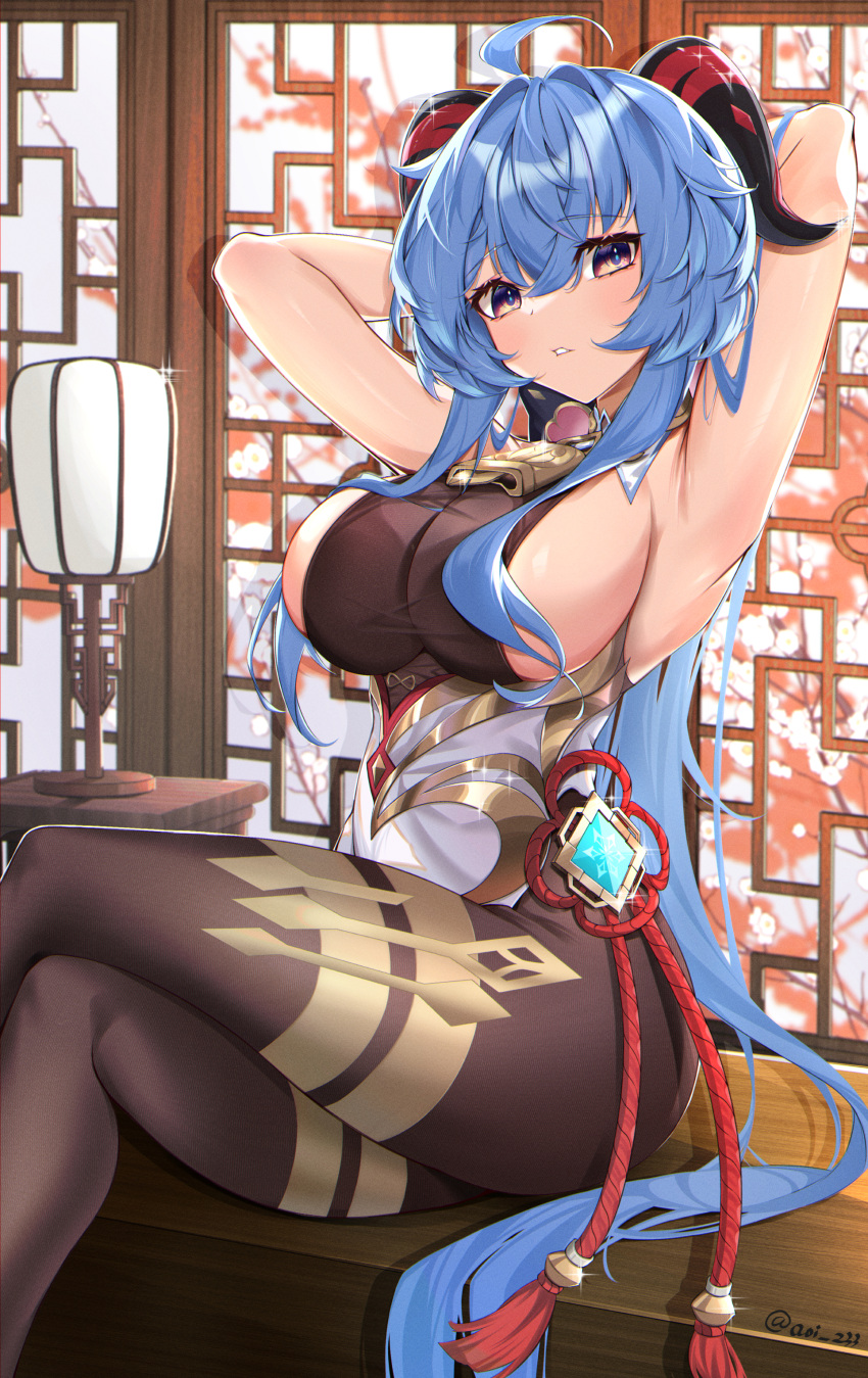 1girl absurdres ahoge armpits arms_behind_head arms_up bangs bell black_bodysuit black_pantyhose blue_hair blush bodystocking bodysuit bodysuit_under_clothes breasts chinese_knot commentary cowbell crossed_legs detached_collar feet_out_of_frame ganyu_(genshin_impact) genshin_impact glint goat_horns gold_trim gradient_eyes hair_between_eyes highres horns indoors lamp large_breasts long_hair looking_at_viewer multicolored_eyes neck_bell no_detached_sleeves pantyhose ponytail purple_eyes sideboob sidelocks sitting solo symbol-only_commentary tassel thighs twitter_username very_long_hair vision_(genshin_impact) yoshitoki_(kisshin)