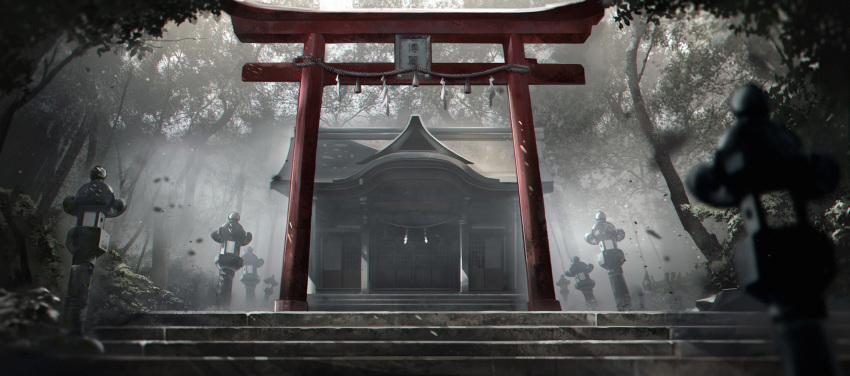 absurdres architecture building commentary east_asian_architecture english_commentary fog geralt7 highres no_humans rope scenery shimenawa stairs stone_lantern tagme temple torii touhou tree