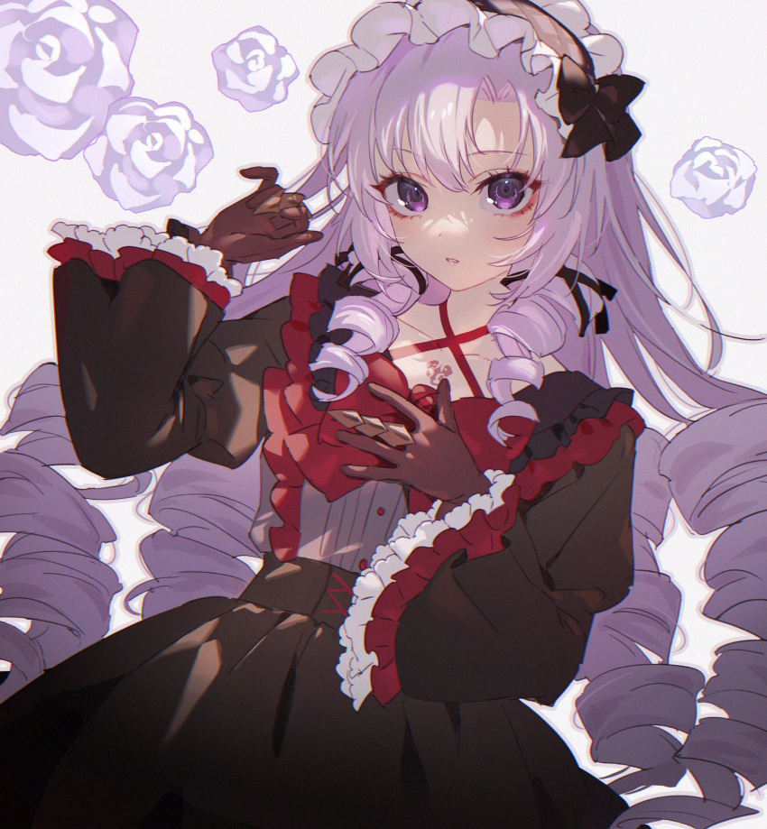 1girl bangs bare_shoulders black_gloves blush breasts buttons cowboy_shot dress drill_hair flower gloves hair_ribbon hairband hands_up highres hyakumantenbara_salome io_(sinking=carousel) juliet_sleeves long_hair long_sleeves looking_at_viewer nijisanji parted_lips puffy_sleeves purple_eyes purple_hair red_dress ribbon scorpion_tattoo solo tattoo teeth virtual_youtuber