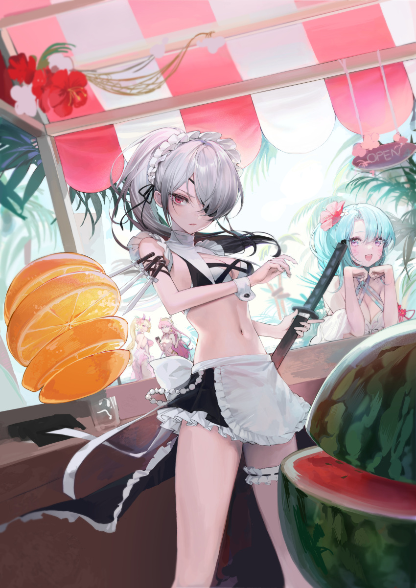 4girls absurdres apron back_bow bikini black_bikini black_skirt blonde_hair blue_hair blush bow breasts bridal_garter cleavage closed_mouth copyright_request dagger eyepatch food fruit gradient_hair grey_hair highres holding holding_sword holding_weapon katana knife looking_at_viewer maid_apron maid_bikini medium_breasts miniskirt multicolored_hair multiple_girls navel one_eye_covered oyabuli ponytail purple_eyes red_eyes scabbard sheath sheathed_cut skirt smile solo solo_focus swimsuit sword tree waist_apron watermelon weapon white_apron