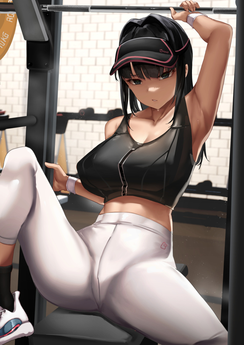 1girl :o arm_up armpits barbell black_eyes black_hair breasts cleavage collarbone gym hair_intakes hat highres indoors large_breasts long_hair lynus midriff naoko-san original skin_tight solo spread_legs sweat workout_clothes wristband