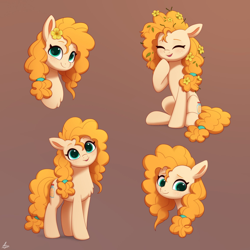 2022 accessory chest_tuft cutie_mark digital_media_(artwork) earth_pony equid equine eyes_closed female feral flower flower_in_hair friendship_is_magic hair hair_accessory happy hasbro hi_res horse luminousdazzle mammal messy_hair my_little_pony orange_body orange_hair orange_tail pear_butter_(mlp) plant pony simple_background smile solo tuft