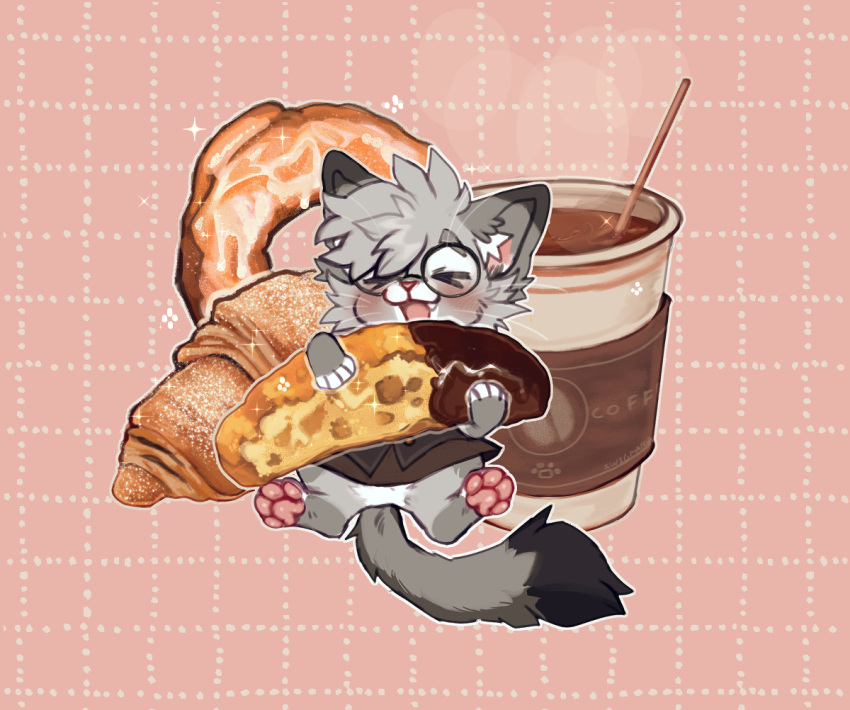 &gt;_&lt; anthro beverage biscotti_(food) blush bottomwear bread chibi clothed clothing coffee coffee_cup container croissant cup dessert digital_media_(artwork) dipstick_ears dipstick_fingers dipstick_tail domestic_cat doughnut egyptian_mau eyes_closed eyewear felid feline felis food frosting fur glasses grey_body hair happy holding_food holding_object male mammal markings multicolored_body multicolored_ears multicolored_tail narrowed_eyes nixuelle open_mouth pawpads simple_background size_difference skirt smaller_male smile solo squint swigmama tail_markings teeth whiskers