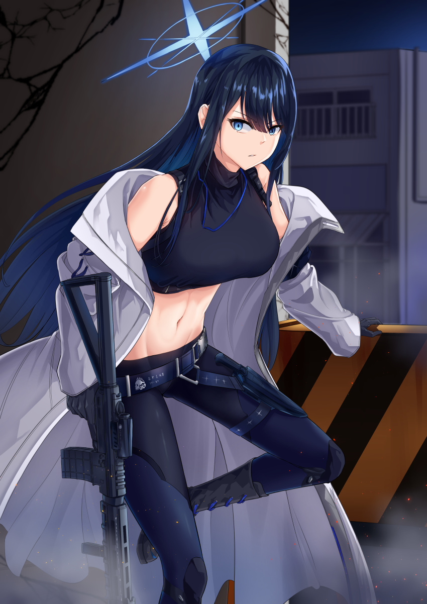 1girl absurdres bangs bare_shoulders black_footwear black_gloves black_pants black_shirt blue_archive blue_eyes blue_hair boots breasts coat commentary_request crop_top foot_out_of_frame gloves gun halo highres holding holding_gun holding_weapon kipdrew large_breasts leggings long_hair long_sleeves looking_at_viewer midriff navel no_headwear off_shoulder open_clothes open_coat pants partial_commentary saori_(blue_archive) shirt sleeveless sleeveless_shirt solo standing standing_on_one_leg stomach very_long_hair weapon white_coat