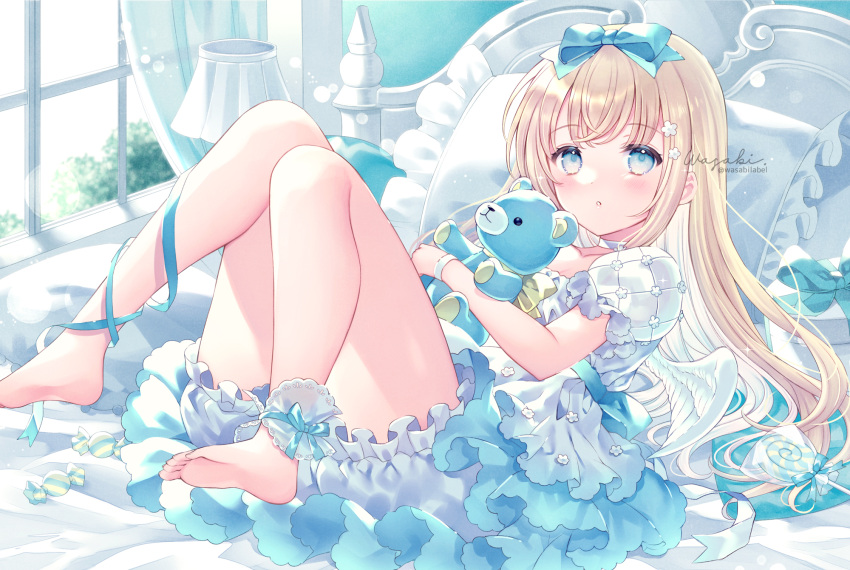 1girl :o bangs barefoot blonde_hair bloomers blue_bloomers blue_bow blue_eyes blush bow candy commentary_request curtains dress feathered_wings food frilled_pillow frills hair_bow highres lollipop looking_at_viewer lying object_hug on_back on_bed original parted_lips pillow puffy_short_sleeves puffy_sleeves short_sleeves signature soles solo stuffed_animal stuffed_toy swirl_lollipop teddy_bear twitter_username underwear wasabi_(sekai) white_dress white_wings window wings