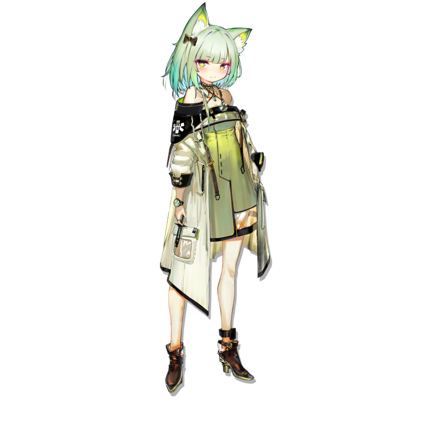 1girl animal_ear_fluff animal_ears arknights bangs bare_shoulders closed_mouth commentary_request derivative_work detached_collar dress full_body green_dress green_eyes green_hair high_heels highres jacket jewelry kal'tsit_(arknights) kuroshiroemaki long_sleeves looking_at_viewer off-shoulder_dress off_shoulder oripathy_lesion_(arknights) short_hair solo standing star_of_life stethoscope syringe transparent_background watch white_hair wristwatch