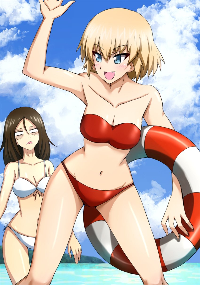 2girls aged_up arm_up bangs bare_shoulders bikini black_hair blank_eyes blonde_hair blue_eyes blue_sky bob_cut bow bow_bikini breasts cleavage cloud cloudy_sky commentary day fang frown girls_und_panzer gloom_(expression) groin highres holding holding_innertube innertube katyusha_(girls_und_panzer) leaning_forward long_hair looking_at_another looking_back medium_hair multiple_girls navel nonna_(girls_und_panzer) omachi_(slabco) open_mouth outdoors red_bikini short_hair side-tie_bikini_bottom sky smile standing strapless strapless_bikini swept_bangs swimsuit waving white_bikini