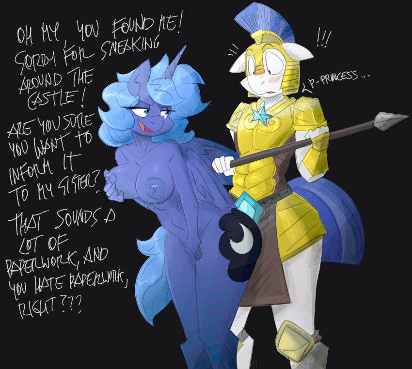 anthro areola blush breasts dialogue duo english_text equid equine female flutterthrash friendship_is_magic hasbro hi_res horn horse male male/female mammal my_little_pony navel nipples nude pony princess_luna_(mlp) royal_guard_(mlp) text winged_unicorn wings