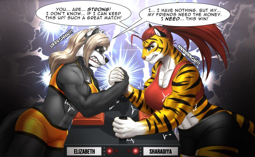 absurd_res anthro arm_wrestling armwrestling badger felid feline female furry hi_res invalid_tag mammal muscular muscular_female mustelid musteline pantherine tiger