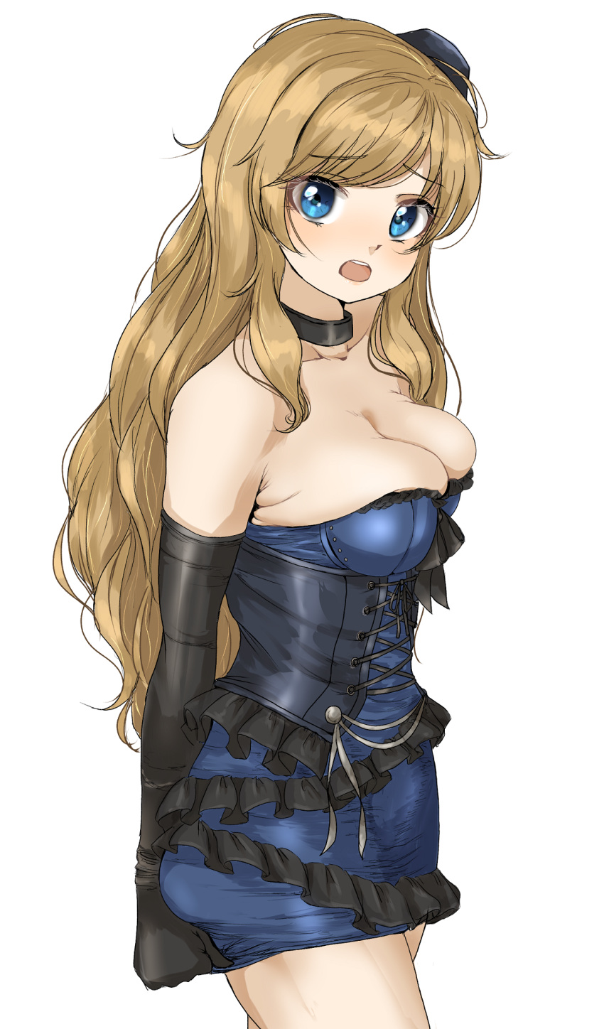 1girl :o armpit_crease black_gloves black_hair blonde_hair blue_dress blue_eyes blush breasts cleavage collarbone corset dress dress_tug elbow_gloves gatsby_ssl gloves highres idolmaster idolmaster_cinderella_girls long_hair looking_at_viewer medium_breasts ohtsuki_yui simple_background skindentation solo straight_hair very_long_hair white_background