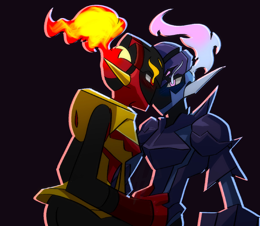 ambiguous/ambiguous ambiguous_gender armarouge armor black_body blue_eyes blue_fire blush blush_lines ceruledge colored_fire duo eye_contact fire fire_eyes flaming_hair generation_9_pokemon ghost half-closed_eyes hand_on_stomach hi_res intimacy intimate knight lewdaesthetics looking_at_another narrowed_eyes nintendo pokemon pokemon_(species) pseudo_hair purple_background purple_body purple_eyes red_body red_eyes simple_background spirit video_games warrior yellow_body yellow_eyes
