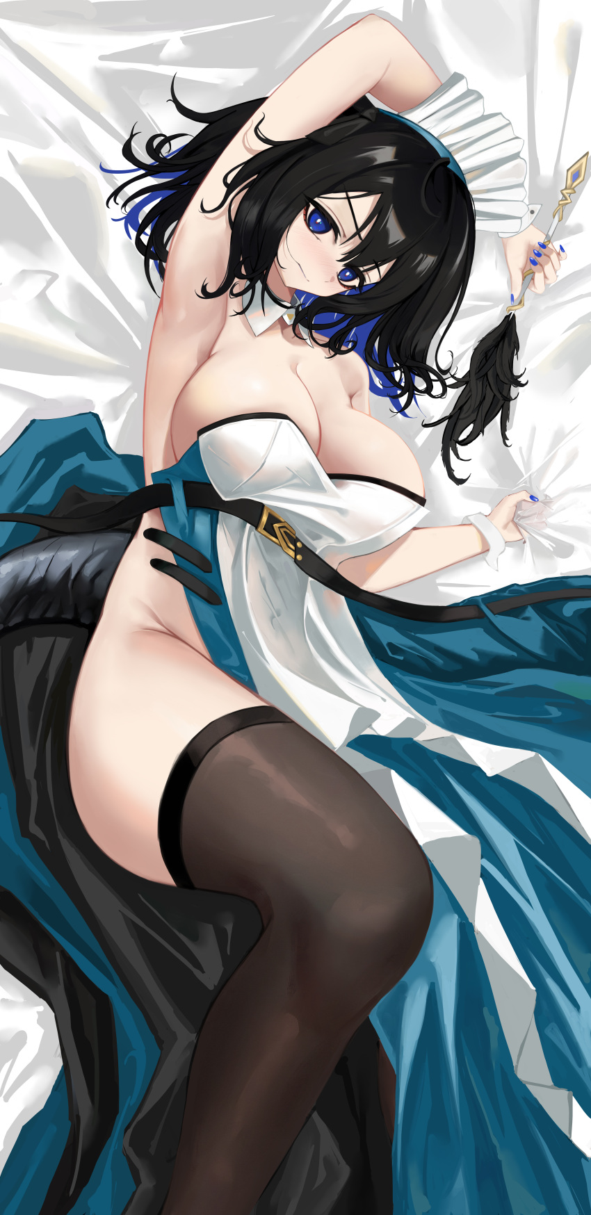 1girl absurdres arknights arm_up armpits bangs bare_shoulders bed_sheet black_hair black_thighhighs blue_eyes blue_nails breasts cleavage commentary detached_collar dress duster feather_duster feet_out_of_frame groin highres holding kjera_(arknights) kjera_(ingenious_servant)_(arknights) large_breasts looking_at_viewer lying maid maid_headdress nail_polish official_alternate_costume short_hair solo strapless strapless_dress thick_thighs thighhighs thighs white_dress wrist_cuffs yuweishizi