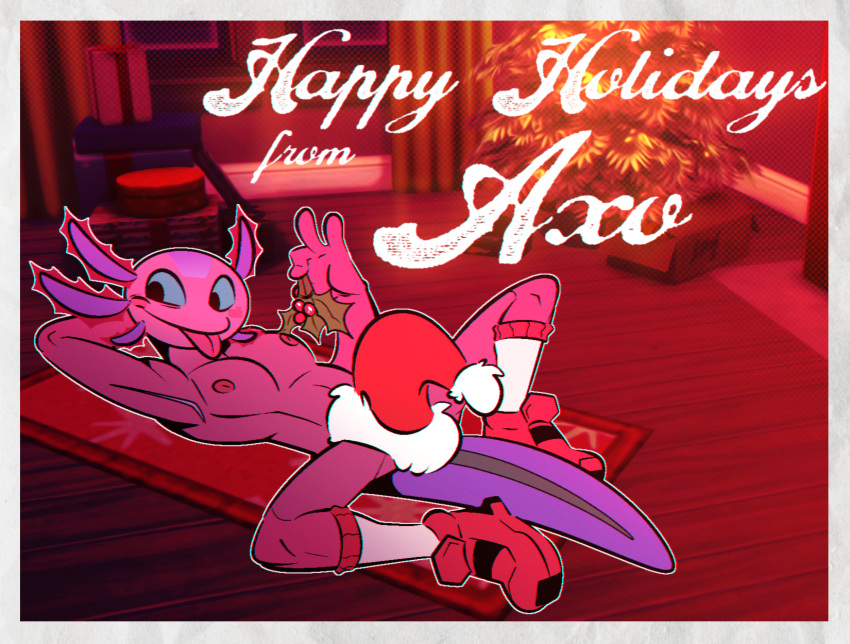 2022 amphibian anthro axo_(fortnite) axolotl blue_sclera blush christmas christmas_clothing christmas_headwear clothing english_text epic_games footwear fortnite hand_behind_head hat hat_on_penis headgear headwear hi_res holding_holly holidays holly_(plant) lying male marine mole_salamander nipples on_back plant postcard salamander_(amphibian) santa_hat shoes smile solo spread_legs spreading text the-alfie-incorporated tongue tongue_out video_games