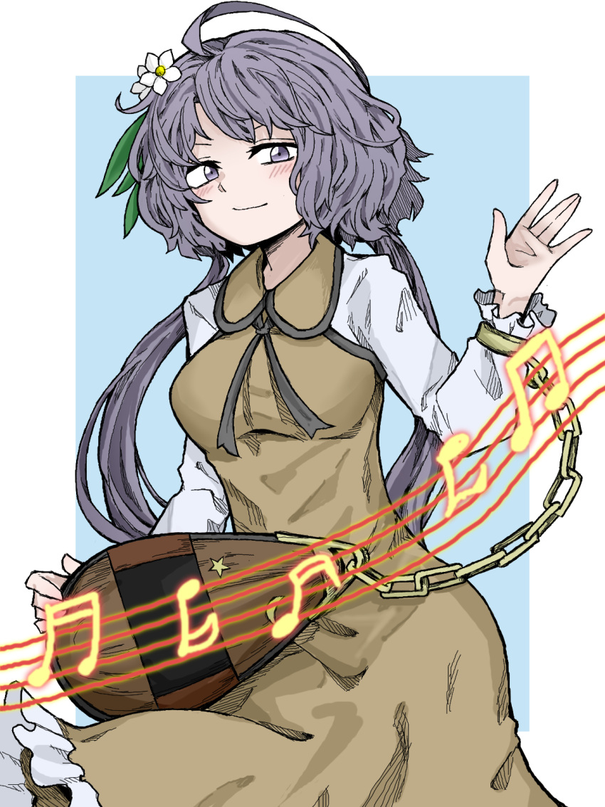 1girl beamed_eighth_notes beamed_sixteenth_notes biwa_lute blush brown_dress chain closed_mouth dress eighth_note fe_(tetsu) flower frilled_dress frills hair_flower hair_ornament highres instrument long_hair long_sleeves lute_(instrument) musical_note purple_eyes purple_hair sixteenth_note smile solo touhou tsukumo_benben upper_body white_flower