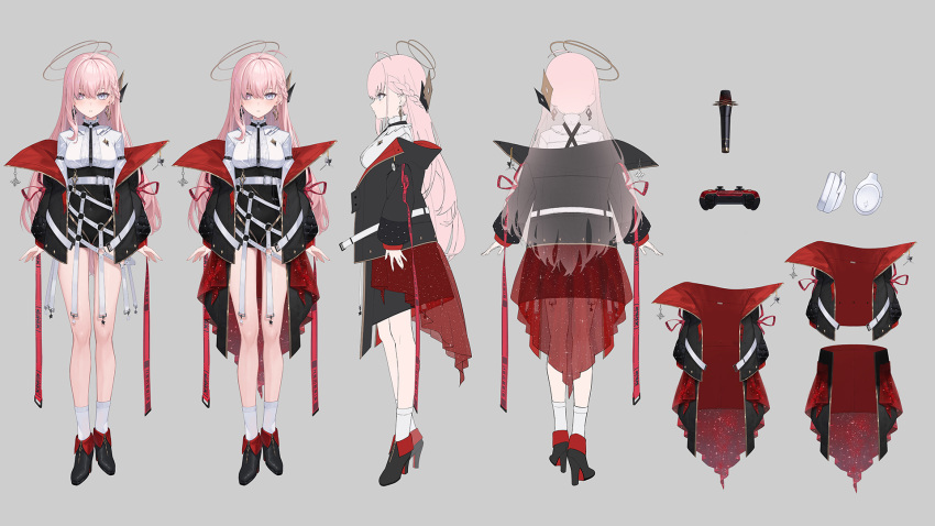 1girl belt black_footwear black_jacket black_shorts covered_navel grey_background grey_eyes halo high-waist_shorts high_heels highres indie_virtual_youtuber jacket jacket_partially_removed long_hair looking_at_viewer micro_shorts multiple_halos multiple_views nemesis_(vtuber) o-ring_belt off_shoulder pink_hair red_jacket reference_inset shirt shoes short_shorts shorts simple_background skirt socks standing two-sided_fabric two-sided_jacket white_belt white_shirt white_socks whitem_(whiteemperor2020)