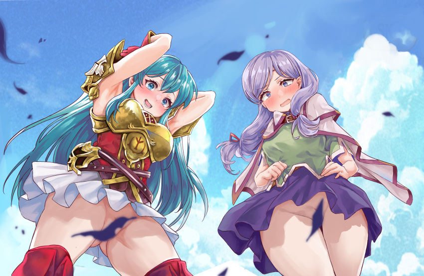 2girls :o absurdres aqua_hair armor armpits arms_up ass_visible_through_thighs blue_eyes blue_sky blush breastplate cape cloud cloudy_sky commission convenient_censoring eirika_(fire_emblem) falling_leaves fire_emblem fire_emblem:_path_of_radiance fire_emblem:_the_sacred_stones from_below full-face_blush gloves green_shirt hair_ribbon highres ilyana_(fire_emblem) leaf long_hair looking_down low_twintails miniskirt multiple_girls no_panties pixiv_commission purple_eyes purple_hair purple_skirt red_gloves red_shirt ribbon ru_roiroiro shirt skirt sky teeth twintails upskirt very_long_hair wavy_mouth white_skirt wind wind_lift