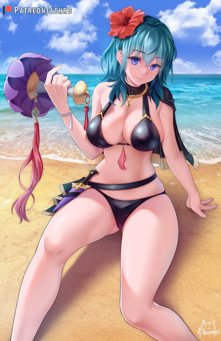 1girl achromaru arm_support bangs beach bikini black_bikini breasts byleth_(fire_emblem) byleth_(fire_emblem)_(female) cleavage cloud day feet_out_of_frame fire_emblem fire_emblem:_three_houses fire_emblem_heroes flower green_hair hair_flower hair_ornament hand_up highres holding horizon knife large_breasts medium_hair official_alternate_costume outdoors red_flower sand shiny shiny_clothes shiny_hair single_bare_shoulder sitting smile swimsuit web_address