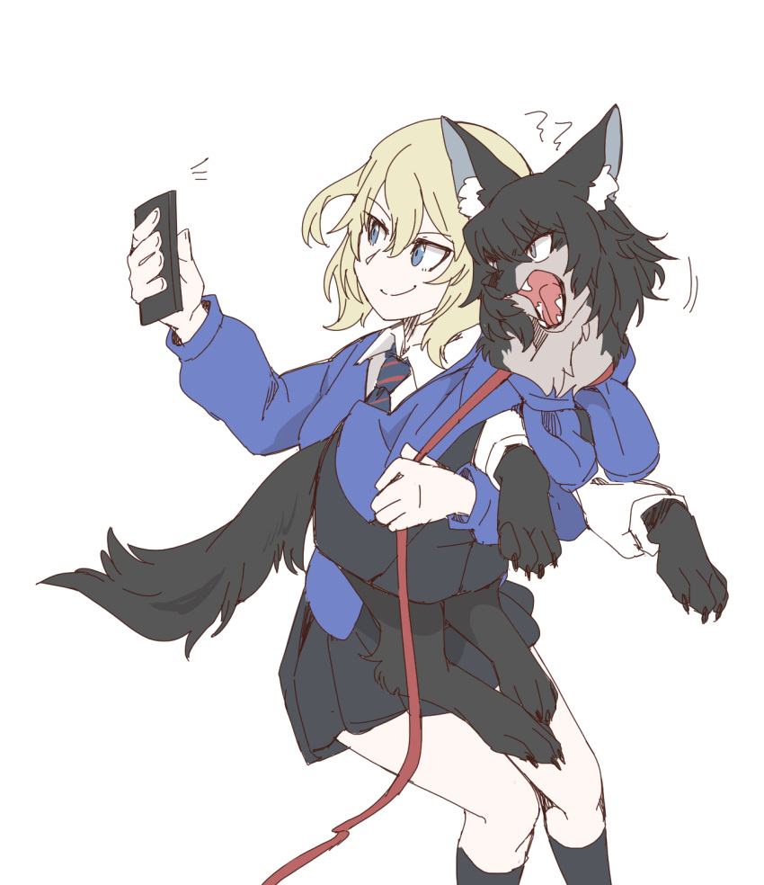 1girl andou_(girls_und_panzer) animal animalization bangs bc_freedom_school_uniform black_dress black_hair black_socks blonde_hair blue_cardigan blue_eyes blue_necktie brown_eyes cardigan cellphone closed_mouth commentary dog dress dress_shirt frown fume girls_und_panzer hasekura_(hachinochun) highres holding holding_animal holding_phone kneehighs leash long_sleeves looking_at_another looking_back medium_hair messy_hair motion_lines necktie notice_lines open_mouth oshida_(girls_und_panzer) phone pinafore_dress pleated_dress school_uniform selfie shirt short_dress simple_background smartphone smile socks standing sweater_around_neck white_background white_shirt wing_collar