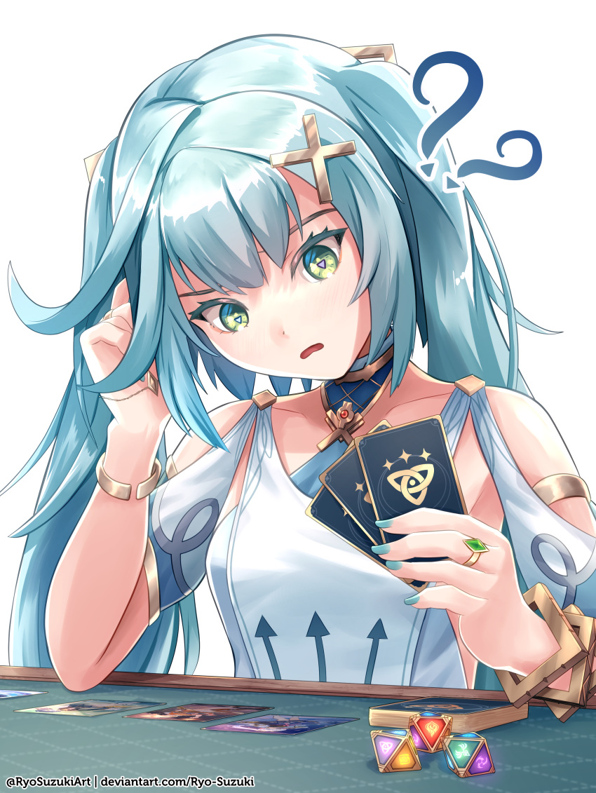 1girl ? ?? absurdres blue_hair blue_nails breasts card clothing_cutout collarbone confused dice dress english_commentary faruzan_(genshin_impact) frown genius_invokation_tcg genshin_impact green_eyes head_tilt highres holding holding_card jewelry kamisato_ayaka open_mouth ring ryo-suzuki shoulder_cutout small_breasts solo trading_card twintails white_background white_dress xingqiu_(genshin_impact) yoimiya_(genshin_impact)
