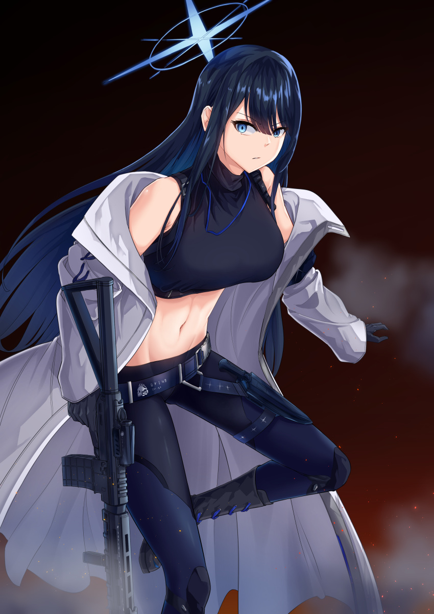 1girl absurdres bangs bare_shoulders black_footwear black_gloves black_pants black_shirt blue_archive blue_eyes blue_hair boots breasts coat commentary_request crop_top foot_out_of_frame gloves gun halo highres holding holding_gun holding_weapon kipdrew large_breasts leggings long_hair long_sleeves looking_at_viewer midriff navel no_headwear off_shoulder open_clothes open_coat pants partial_commentary saori_(blue_archive) shirt sleeveless sleeveless_shirt solo standing standing_on_one_leg stomach very_long_hair weapon white_coat