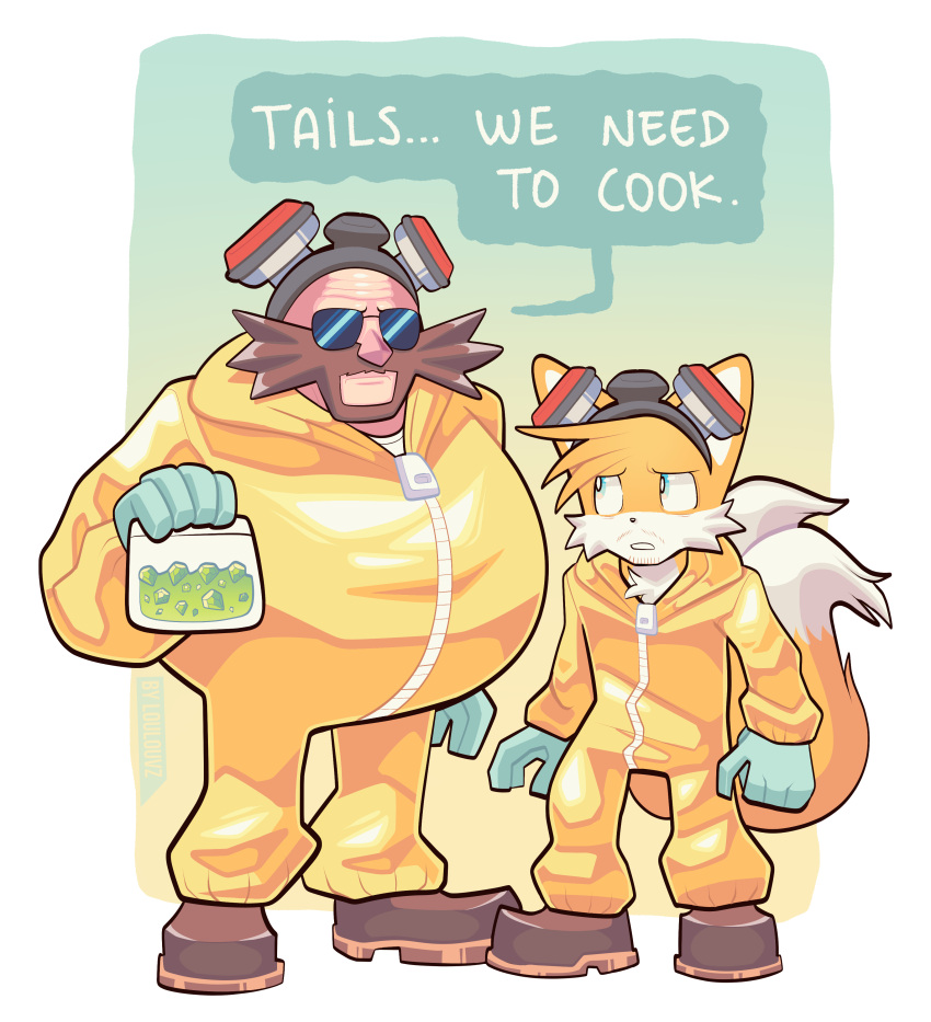 absurd_res anthro boots breaking_bad canid canine clothing dialogue dr._eggman duo english_text eyewear facial_hair footwear fox gas_mask gloves handwear hazmat_suit hi_res human loulouvz male mammal mask miles_prower parody sega sonic_the_hedgehog_(series) speech_bubble sunglasses text zipper