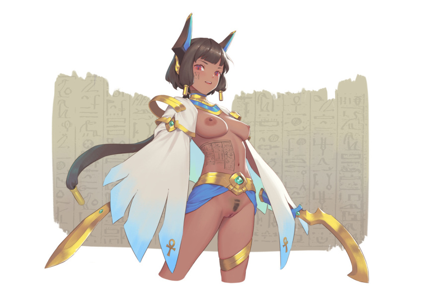 1girl bangs bigrbear black_hair breasts dark-skinned_female dark_skin egyptian facial_tattoo hieroglyphics holding holding_sword holding_weapon horns long_hair looking_at_viewer medium_breasts navel nipples open_mouth original pubic_tattoo pussy red_eyes short_hair simple_background solo standing stomach_tattoo sword tattoo uncensored weapon white_background