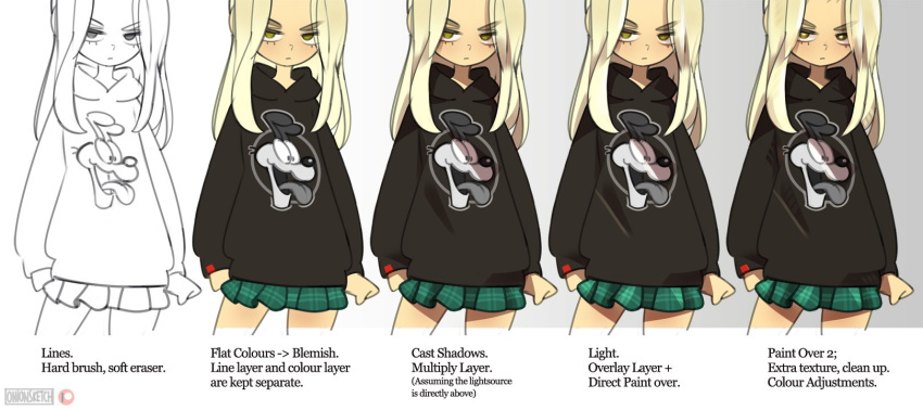 1girl black_hoodie blonde_hair clenched_hand english_commentary garfield green_skirt grey_background highres hood hoodie long_hair looking_at_viewer making-of miniskirt odie_(garfield) onionsketch original plaid plaid_skirt print_hoodie skirt solo v-shaped_eyebrows