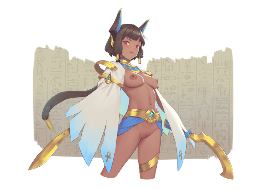 1girl bangs bigrbear black_hair breasts dark-skinned_female dark_skin egyptian hieroglyphics holding holding_sword holding_weapon horns long_hair looking_at_viewer medium_breasts navel nipples open_mouth original pussy red_eyes short_hair simple_background solo standing sword uncensored weapon white_background