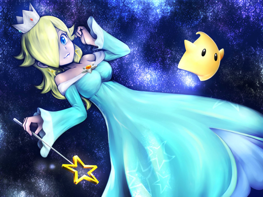 1girl 2016 aqua_dress aqua_eyes bare_shoulders blonde_hair blue_dress blue_eyes breasts crown daichi_hasuke dress earrings hair_over_one_eye highres jewelry long_dress long_hair long_sleeves luma_(mario) mario_(series) off-shoulder_dress off_shoulder pink_nails purple_nails rosalina space star_(symbol) star_earrings star_wand super_mario_galaxy super_smash_bros.