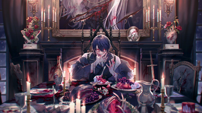 1boy bandaged_arm bandages banquet blood blood_on_clothes blue_vest bone cake candelabra candle candlestand chair commentary_request cup curtains disembodied_eye drinking_glass fire flame flower food fruit gilzaren_iii golden_rose grapefruit grapes haero heart_(organ) highres kenmochi_touya knife licking licking_blood licking_finger looking_at_viewer morinaka_kazaki nijisanji off_shoulder pannacotta picture_frame portrait_(object) purple_hair red_eyes red_flower red_rose ribs_(food) rose shirt sitting solo_focus spine table vase vest virtual_youtuber white_shirt window wine_glass wolfism_(vocaloid)