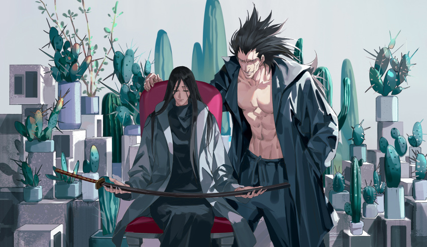 1boy 1girl abs black_hair bleach bleach:_the_thousand-year_blood_war cactus closed_mouth grin hand_in_pocket highres holding holding_sword holding_weapon jacket long_hair long_sleeves official_alternate_hairstyle open_clothes open_jacket plant potted_plant ruoruoqiuu scar scar_on_face sheath sheathed sitting smile sword teeth unohana_retsu weapon zaraki_kenpachi