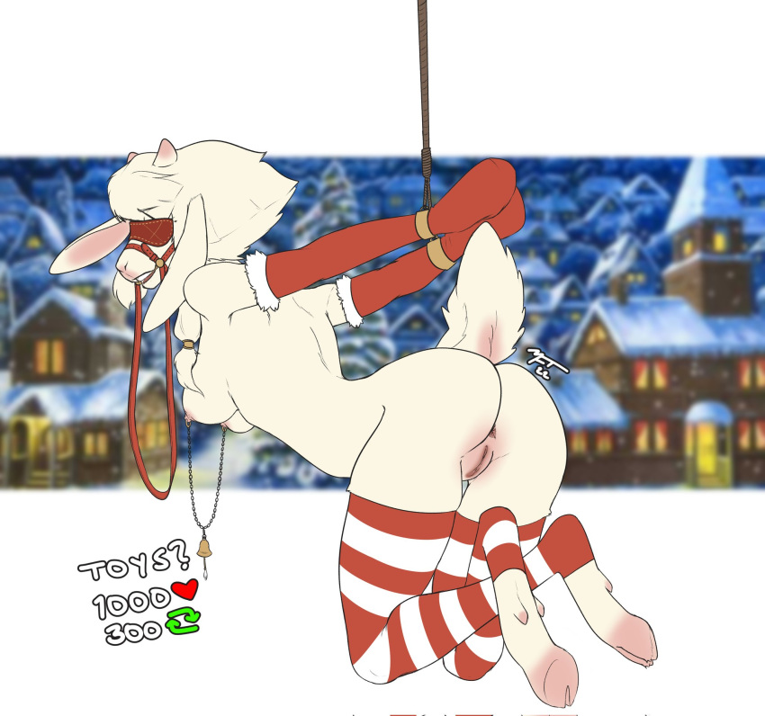 anthro anus bdsm blindfold bondage bound bovid caprine clothing female fur genitals hi_res legwear mafty_(artist) mammal pussy sheep solo stockings white_body white_fur