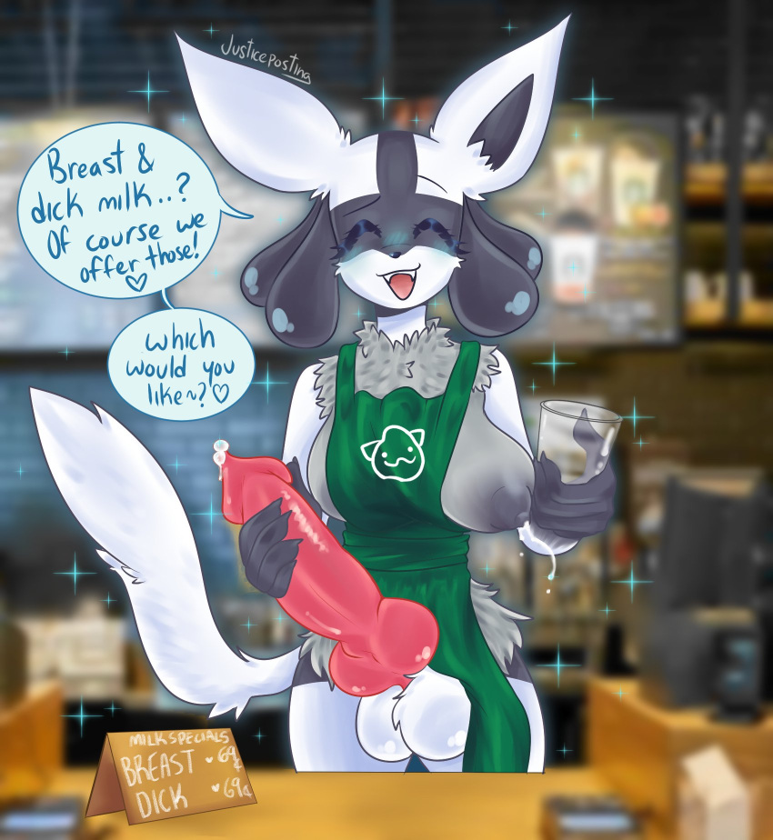&lt;3 anthro balls barista big_penis blush blush_lines bodily_fluids container countershading cup dialogue erection eyes_closed fur generation_4_pokemon genital_fluids genitals grey_body grey_countershading grey_inner_ear hand_on_penis hi_res holding_cup holding_object intersex justiceposting knot lactating leaking_precum lucario nintendo open_mouth penis pokemon pokemon_(species) precum smile smiling_at_viewer solo speech_bubble talking_to_viewer teeth text video_games white_balls white_body white_ears white_fur white_tail