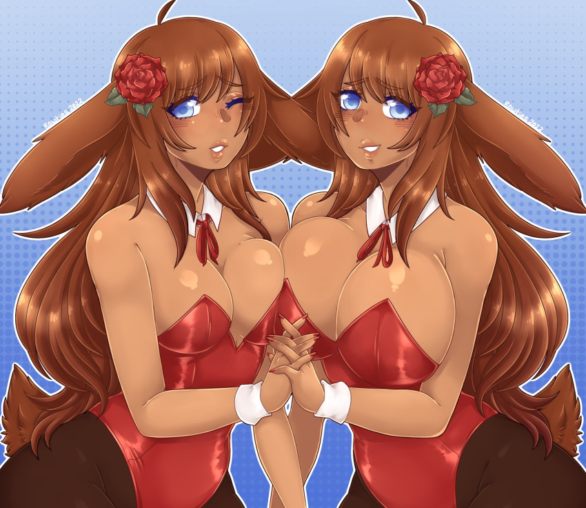 8owties_(artist) accessory big_breasts blue_eyes blush breast_squish breasts breasts_frottage brown_hair clothing costume duo female flower flower_in_hair glistening glistening_hair gradient_background hair hair_accessory hi_res humanoid lagomorph legwear leporid long_hair looking_at_viewer mammal neckwear one_eye_closed plant rabbit red_clothing rose_(flower) simple_background squish wink winking_at_viewer