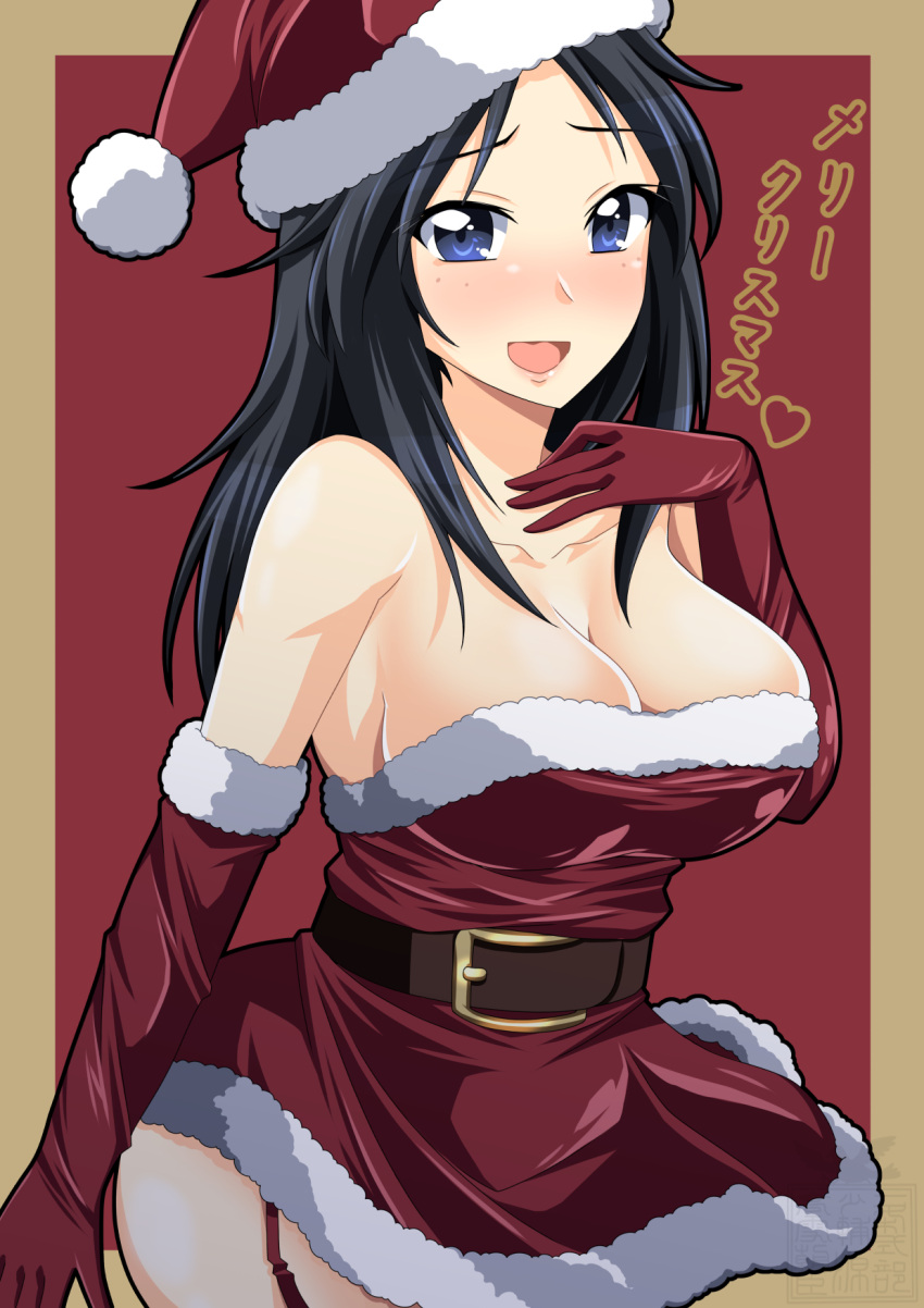 1girl bangs bare_shoulders belt black_belt blue_eyes blue_hair blush border breasts brown_border christmas cleavage commentary cowboy_shot dress elbow_gloves freckles fur-trimmed_dress fur-trimmed_gloves fur_trim garter_straps girls_und_panzer gloves hand_on_own_chest hat heart highres ichijou_takakiyo large_breasts long_hair looking_at_viewer merry_christmas microdress open_mouth red_background red_dress red_gloves red_headwear santa_dress santa_gloves santa_hat simple_background smile solo strapless strapless_dress yamagou_ayumi